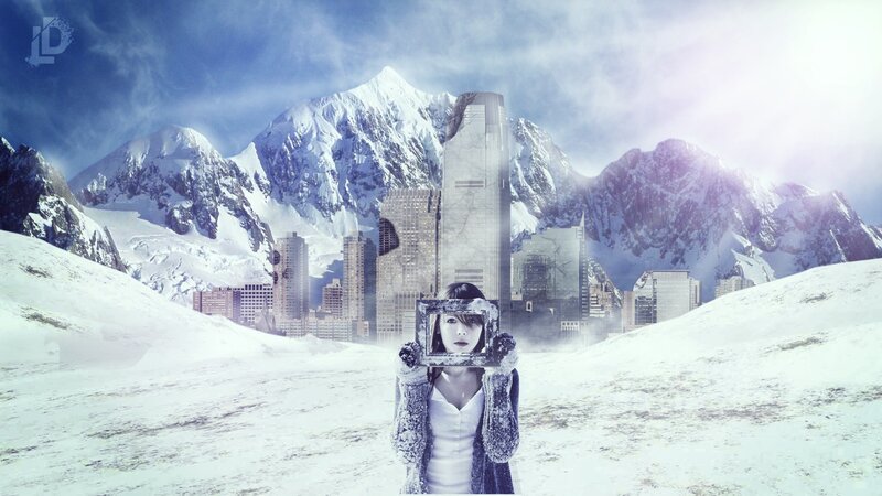 woman holding mirror in snowy landscape