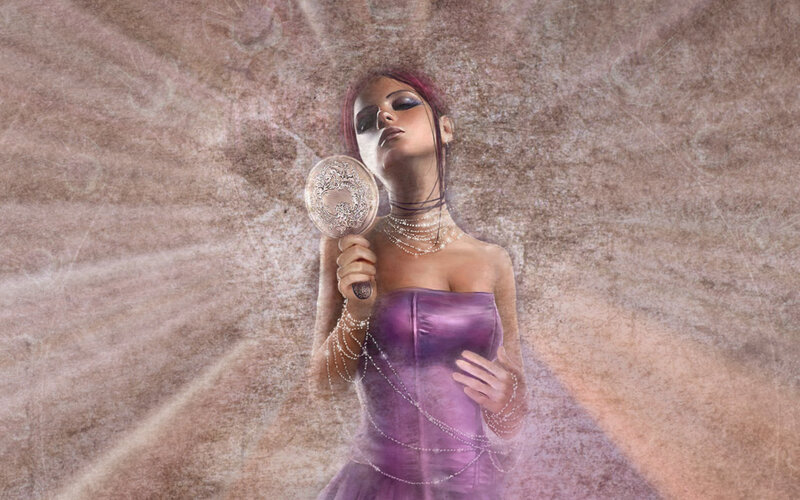 Woman Holding Mirror — Purple, Dramatic, Digital Art