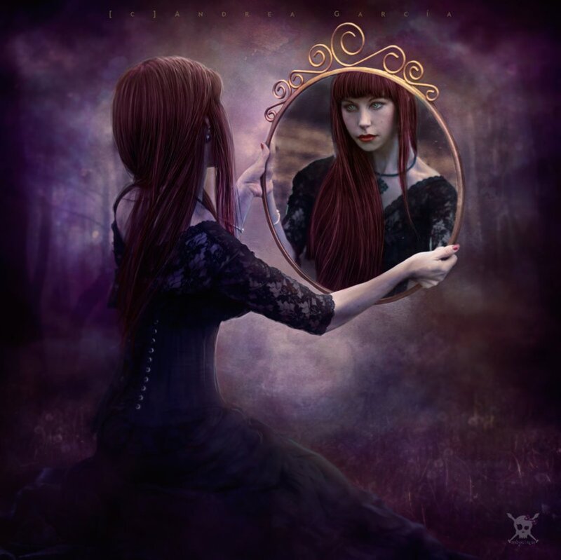 Woman Holding Mirror — Purple, Dramatic, Night