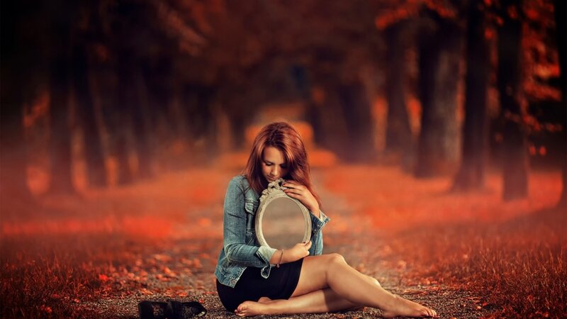 Woman Holding Mirror — Red, Dramatic