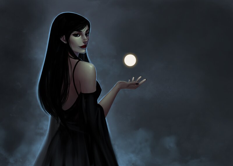 Woman Holding Moon — Black, Dramatic, Night, Digital Art, Dress