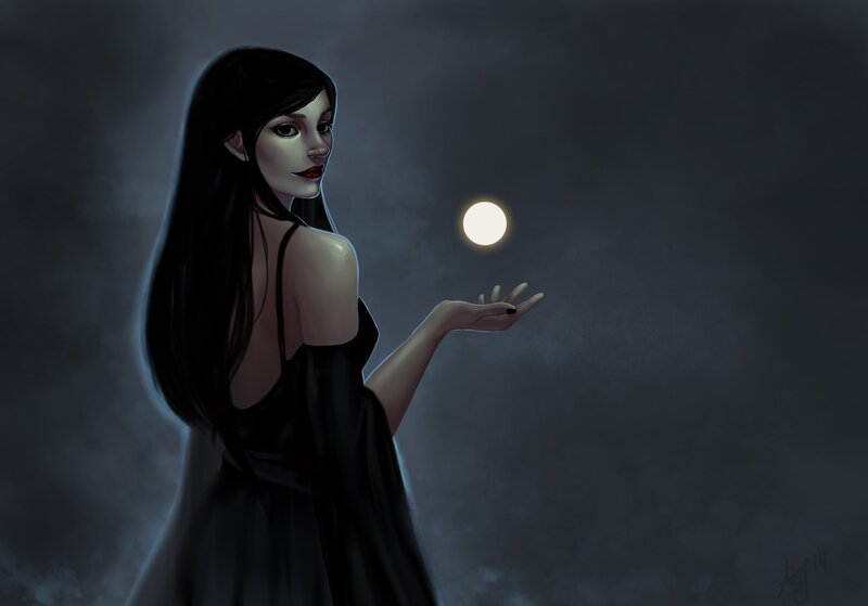 Woman Holding Moon — Black, Dramatic, Night