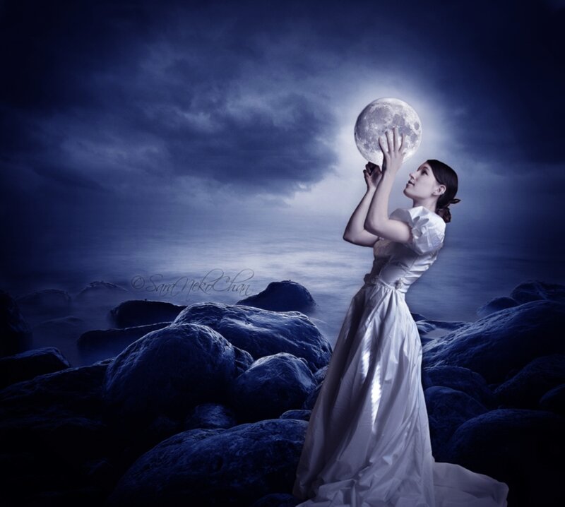 Woman Holding Moon — Blue