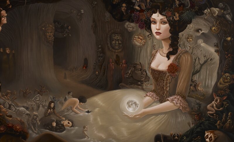 Woman Holding Moon — Brown, Dark