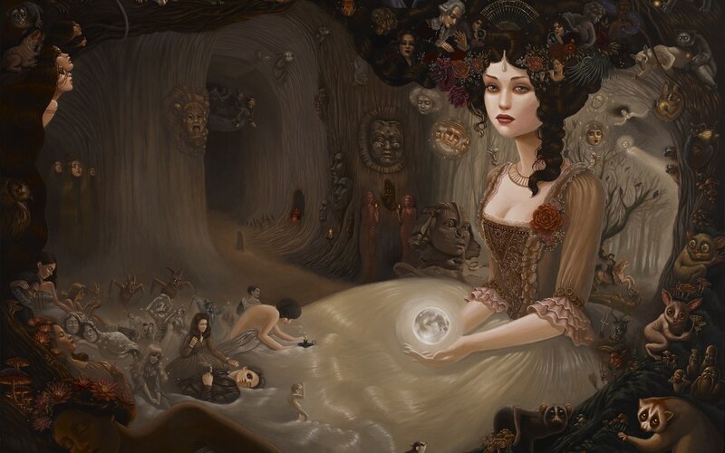 Woman Holding Moon — Brown, Dreamlike, Night, Painting