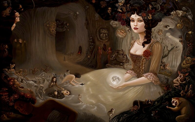 Woman Holding Moon — Brown, Dreamlike, Night