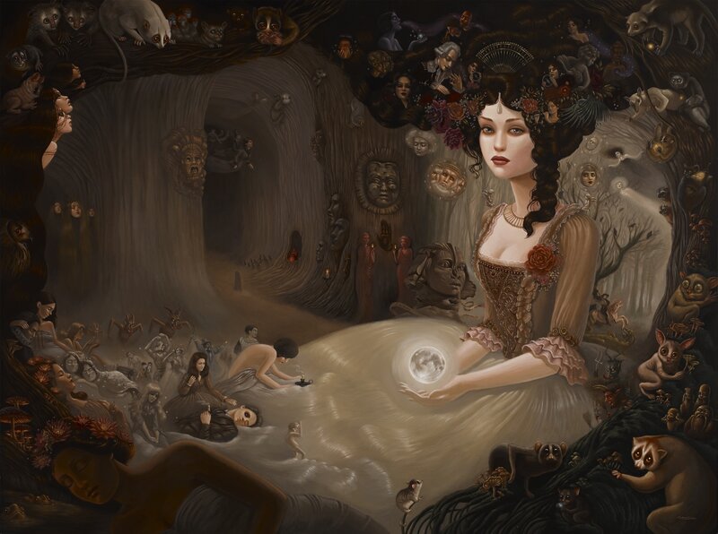 Woman Holding Moon — Brown, Dreamlike