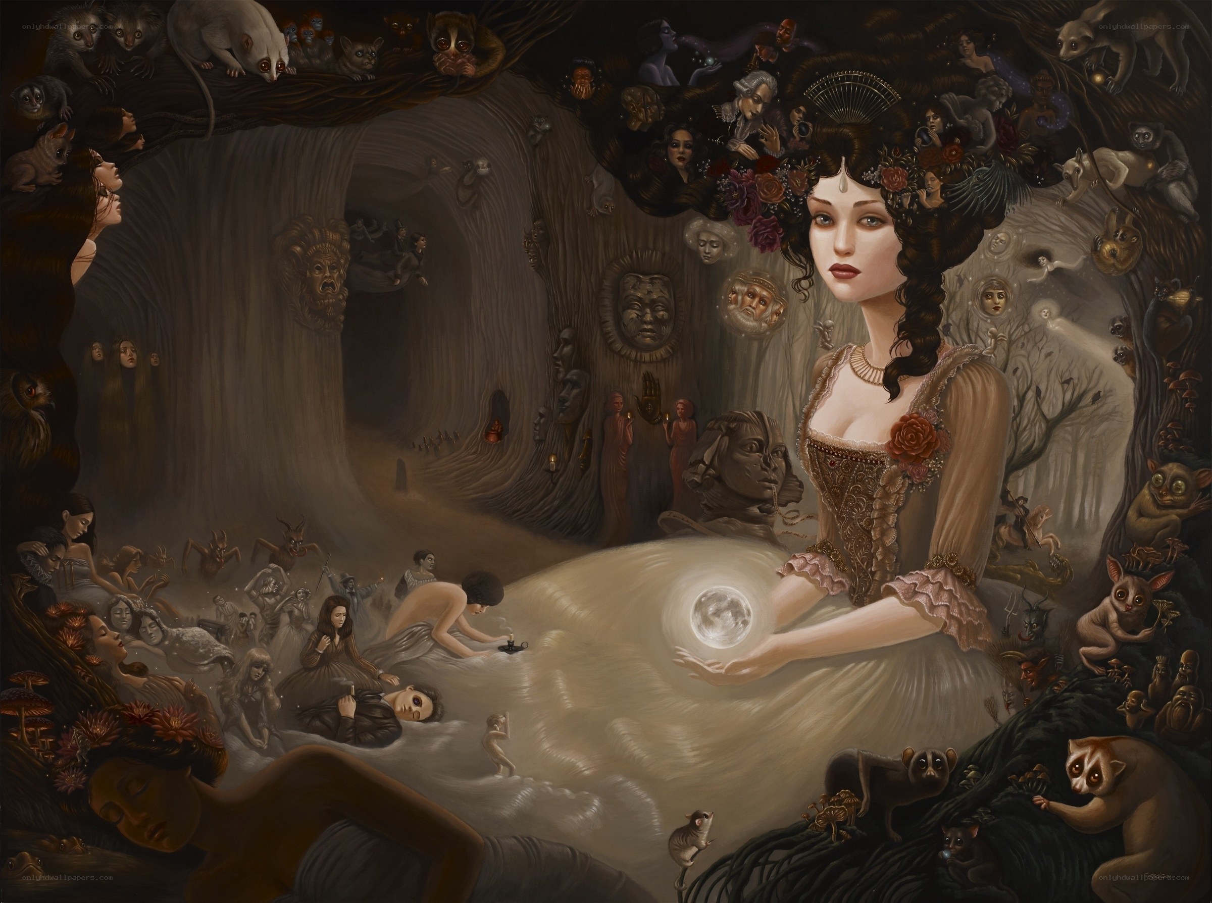 woman holding moon in cave