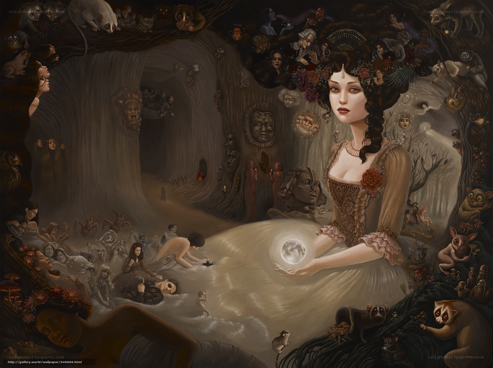 woman holding moon in surreal forest