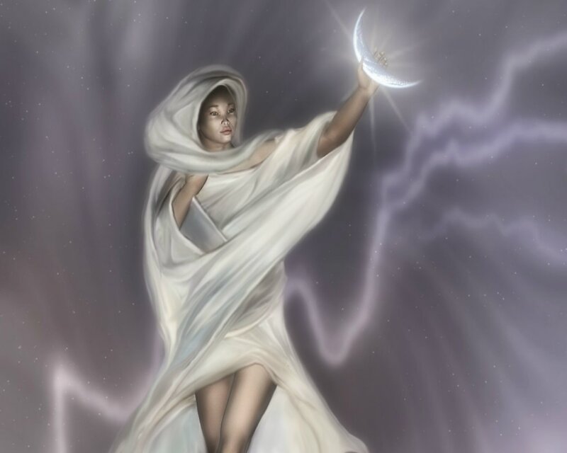 Woman Holding Moon — White, Dramatic, Night, Digital Art
