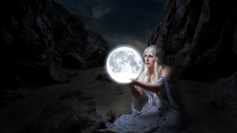 Woman Holding Moon — White, Dramatic, Night