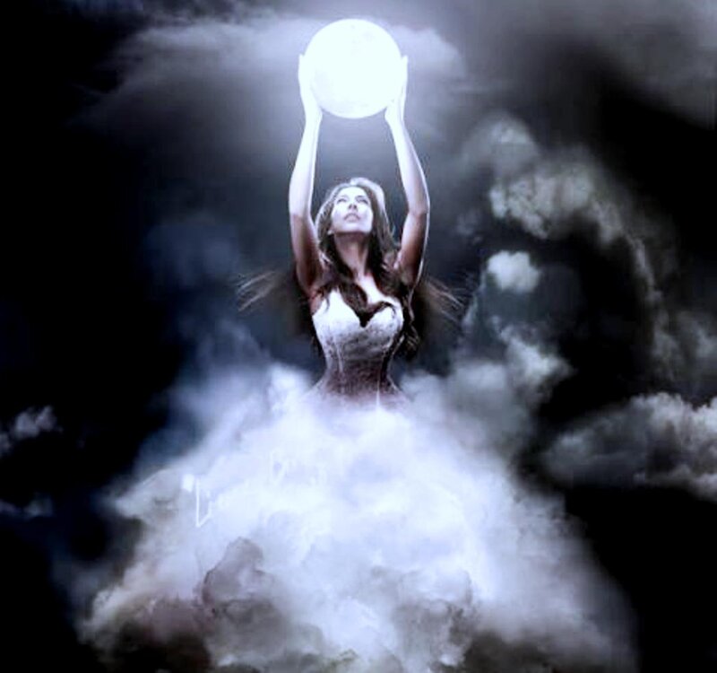 Woman Holding Moon — White, Dramatic