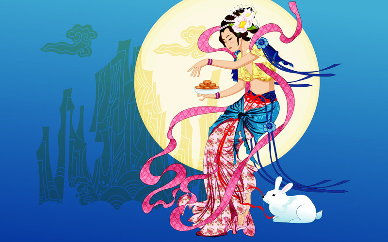 Woman Holding Mooncakes — Blue, Serene