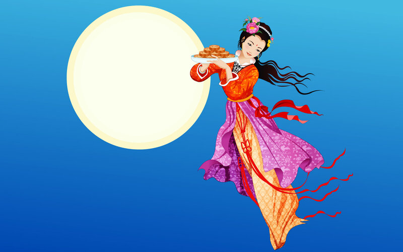 Woman Holding Mooncakes — Blue