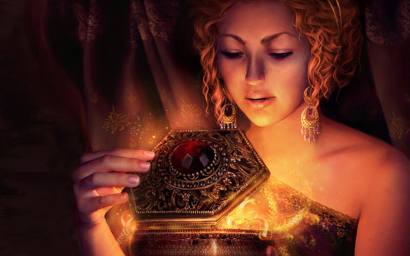Woman Holding Ornate Box — Gold, Dramatic, Night, Digital Art, Curly Hair, Jewelry, Glowing Light, Red