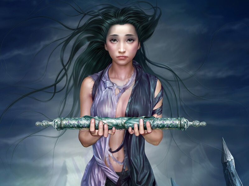 woman holding ornate sword