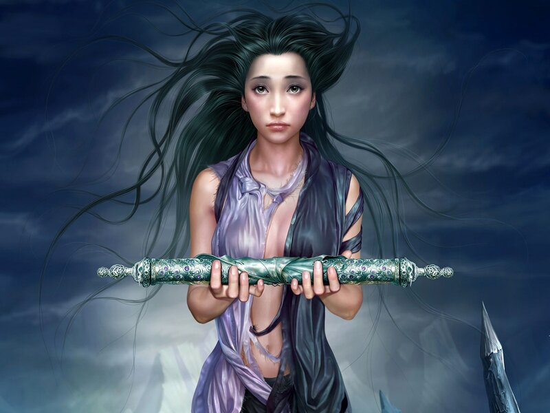 Woman holding ornate sword