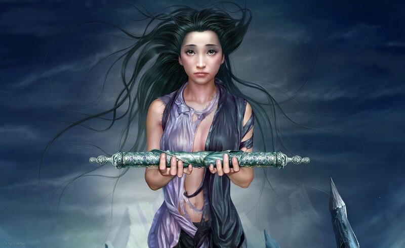 woman holding ornate sword