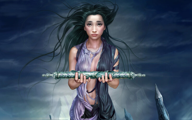 Woman Holding Ornate Sword — Blue, Dramatic