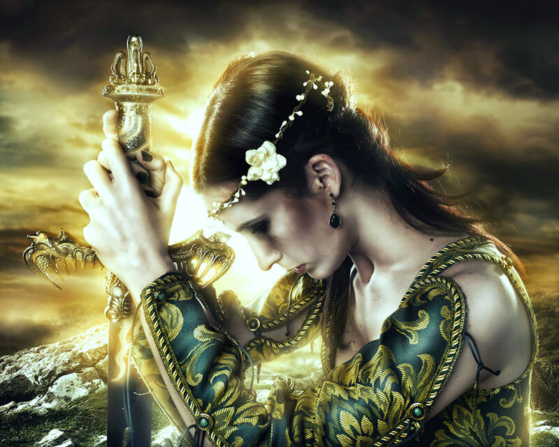 Woman Holding Ornate Sword — Gold