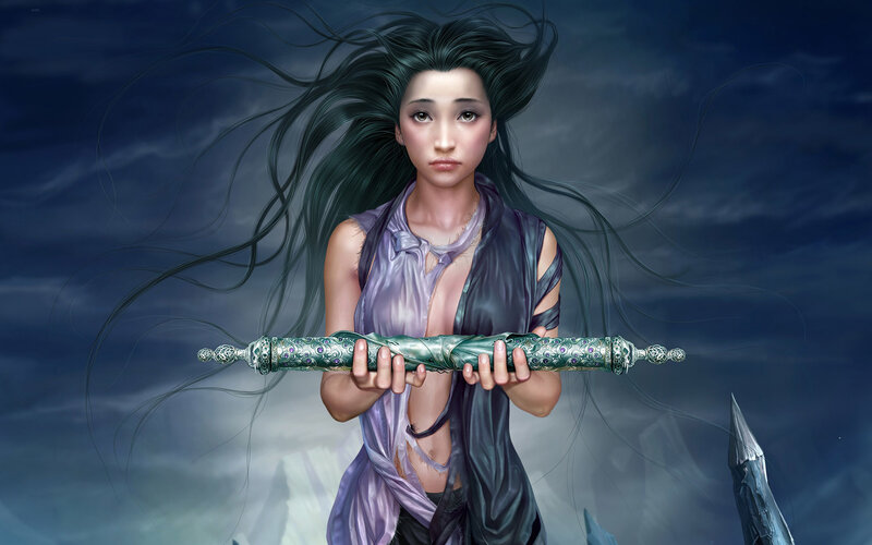 woman holding ornate sword