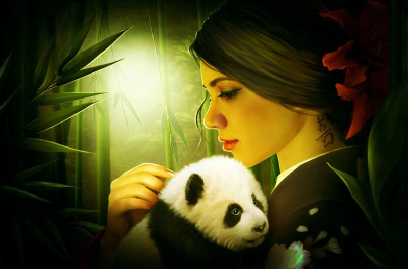 Woman Holding Panda Cub — Green