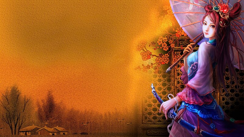 Woman Holding Parasol and Sword