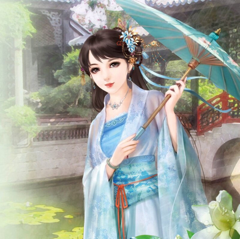 Woman Holding Parasol — Blue, Serene