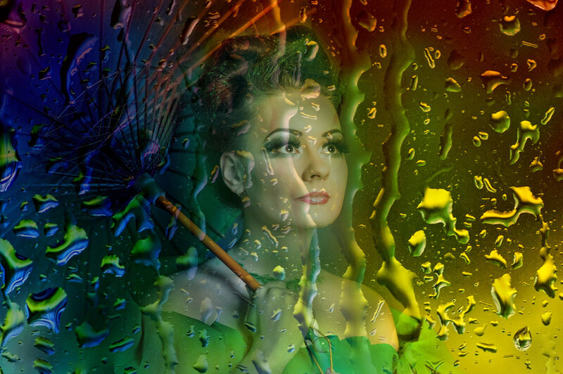 Woman Holding Parasol — Green, Dramatic
