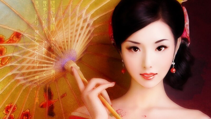 Woman Holding Parasol — Red, Serene, Digital Art, Earrings