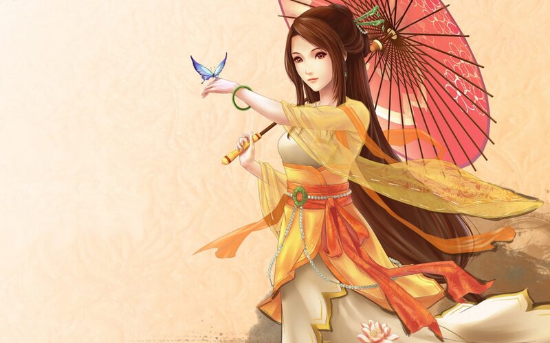 Woman Holding Parasol — Yellow, Serene, Digital Art, Butterfly