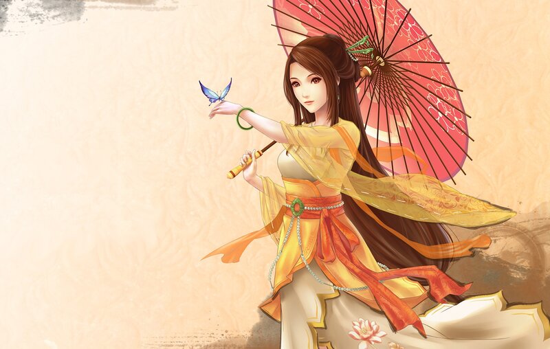 Woman Holding Parasol — Yellow, Serene, Digital Art