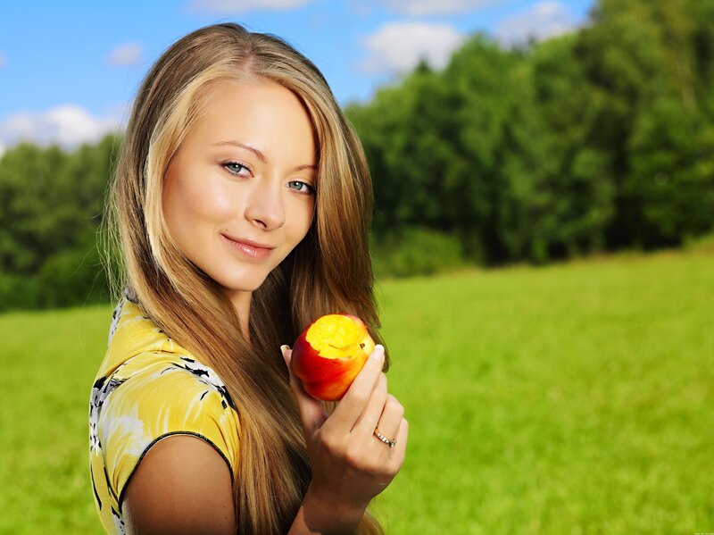 Woman Holding Peach — Green