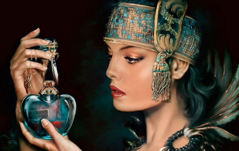 Woman Holding Perfume Bottle — Blue, Dramatic, Digital Art
