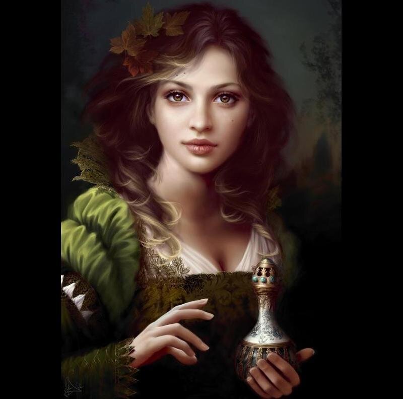 Woman Holding Perfume Bottle — Brown, Dramatic, Autumn