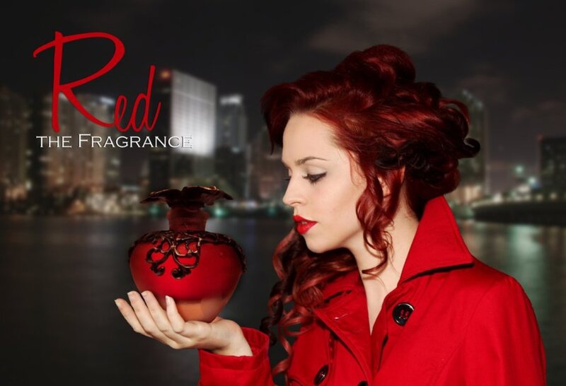 Woman Holding Perfume Bottle — Red, Dramatic