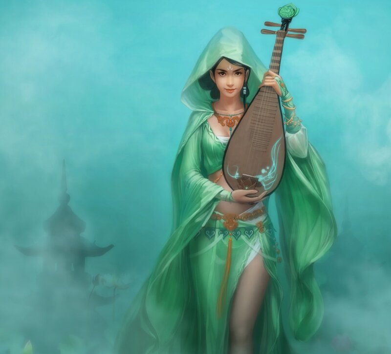 Woman Holding Pipa — Green