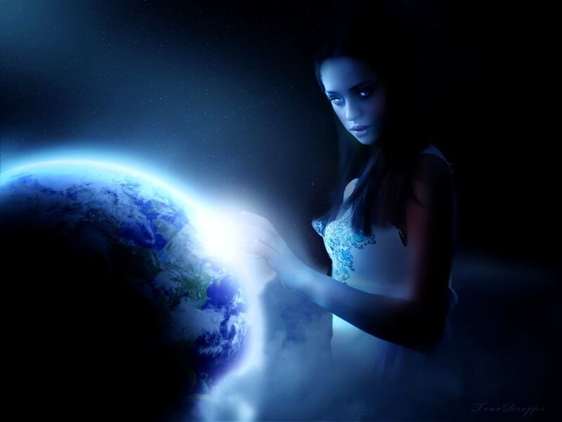 Woman Holding Planet Earth — Blue