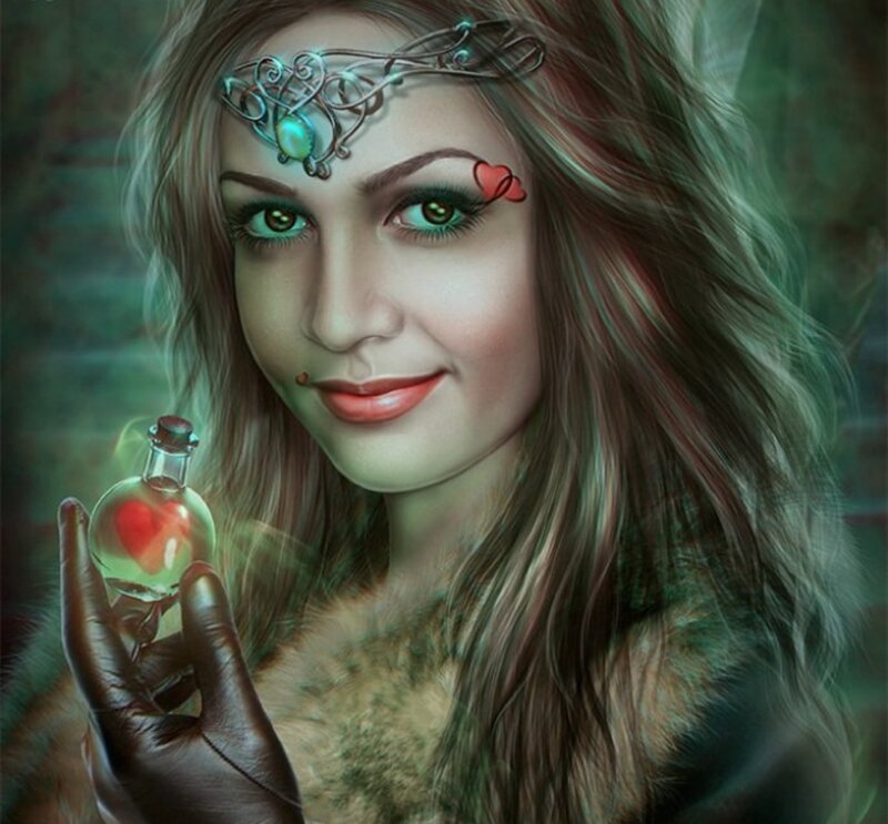 Woman Holding Potion Bottle — Green, Mysterious
