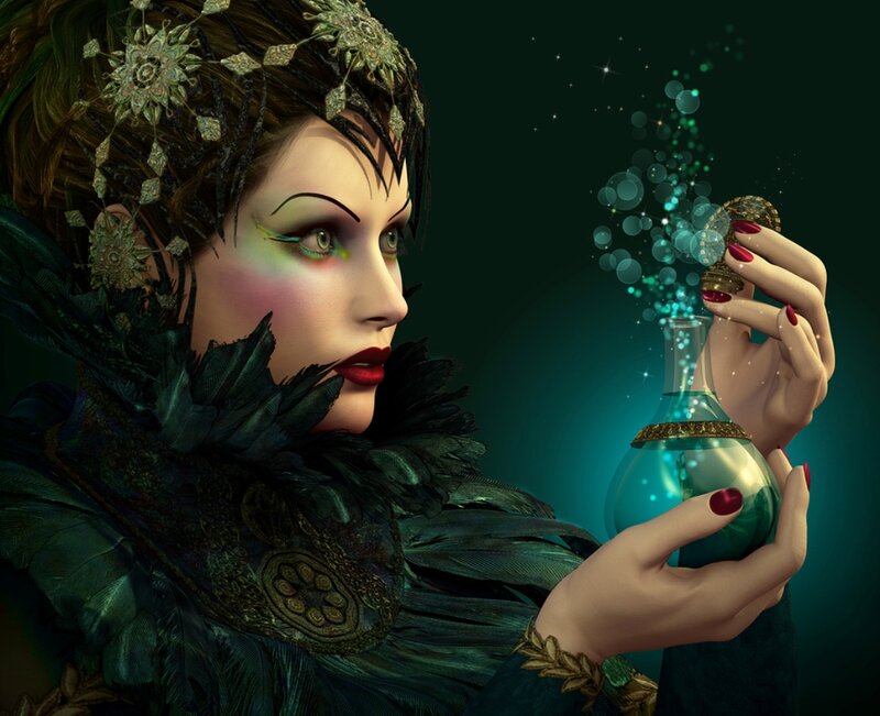 Woman Holding Potion Bottle — Green