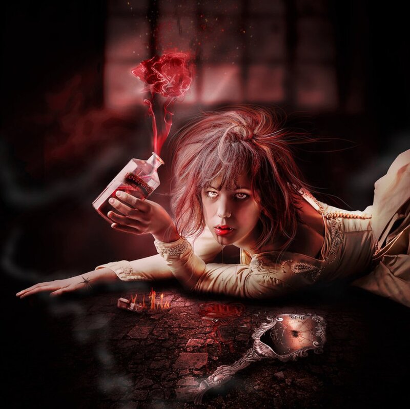 Woman Holding Potion Bottle — Red