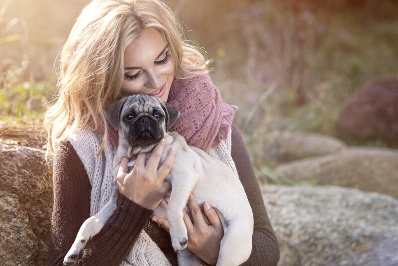 Woman Holding Pug Puppy — Brown
