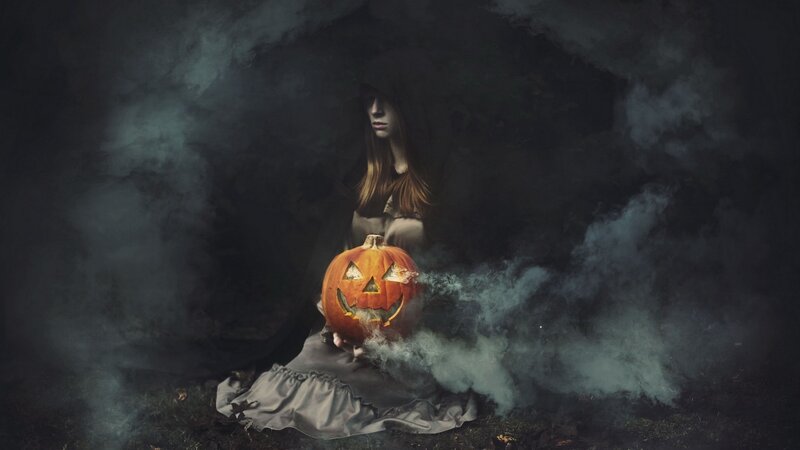 Woman Holding Pumpkin — Black, Dark, Night