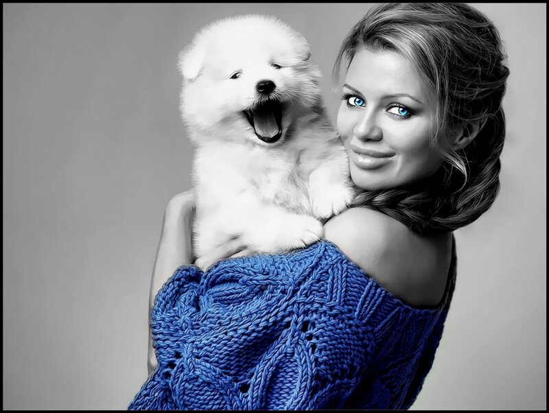 Woman Holding Puppy — Blue, Calm, Photograph
