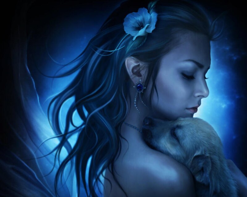 Woman Holding Puppy — Blue