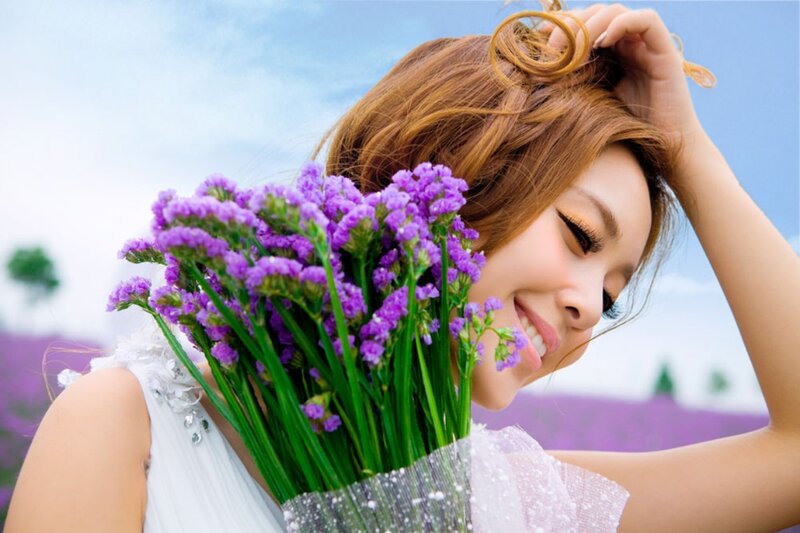 Woman Holding Purple Flowers — Serene, Afternoon