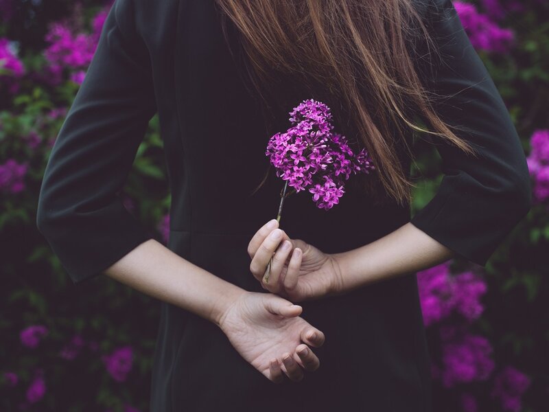Woman Holding Purple Flowers — Serene, Spring