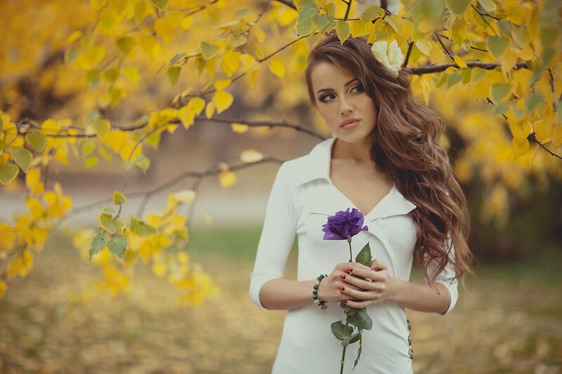 Woman Holding Purple Rose — White