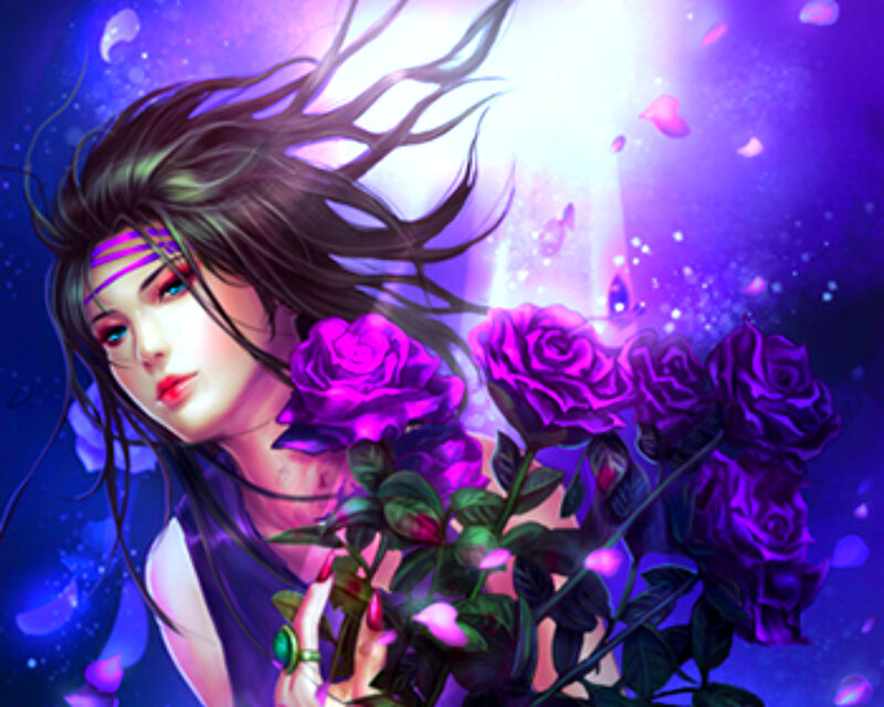 Woman Holding Purple Roses — Dramatic, Night