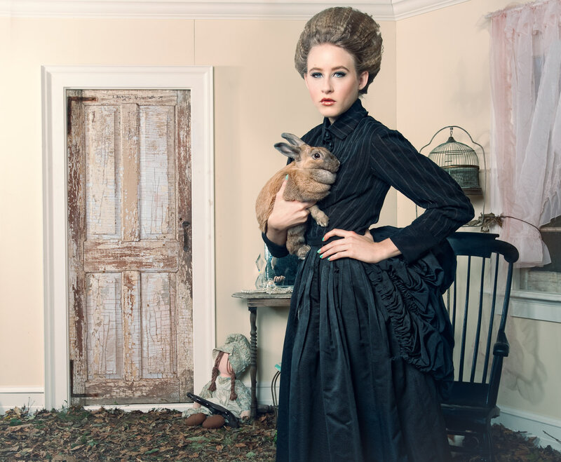 Woman Holding Rabbit — Black, Dramatic, Photograph